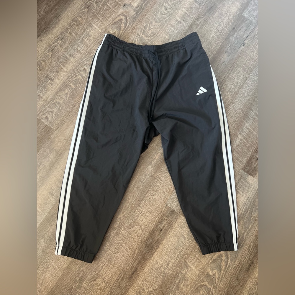 XL adidas Black Track Pants with White Stripes Labeled 2X